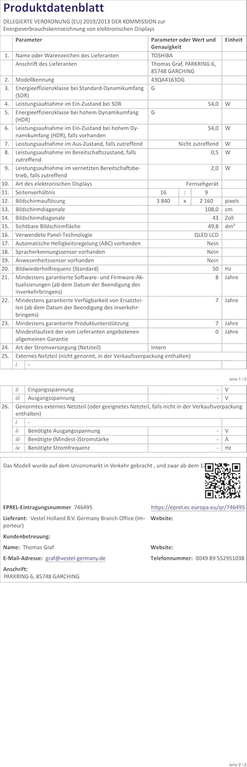 Toshiba, 43QA4163DG, 43 inch, QLED Quantum Dot Ultra HD (3840 x 2160), Asistent Google, Bluetooth, Netflix, Video, Chromecast