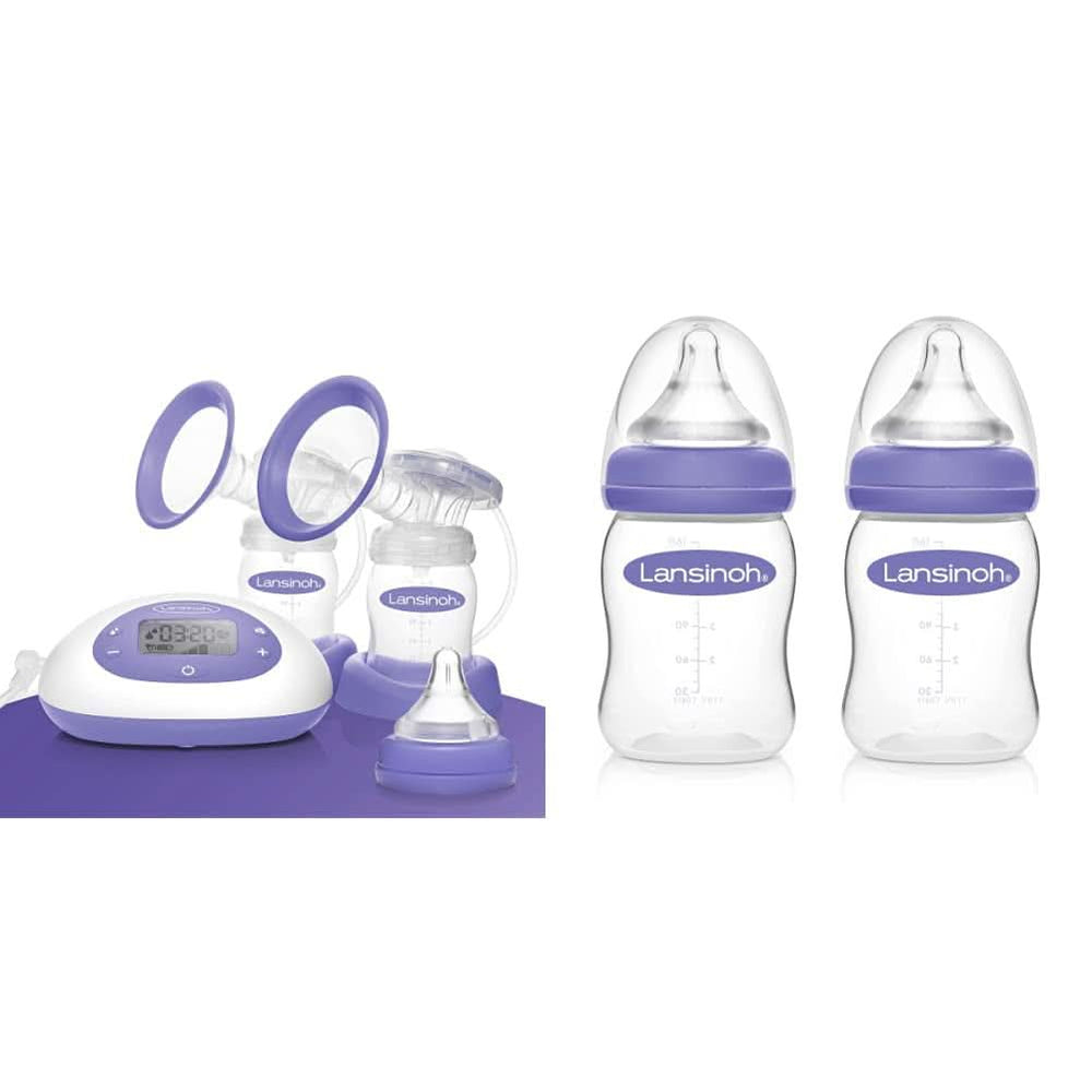 Lansinoh Tire-lait électrique 2 en 1 - écran LCD éclairé - pompage d'un ou des deux côtés - réglable individuellement - plus de lait en moins de temps Accessoires Alimentation et Allaitement Bebe Naty Shop Package avec biberon S, 2 x 160 ml Tire-lait électrique 2In1 (nouveau)