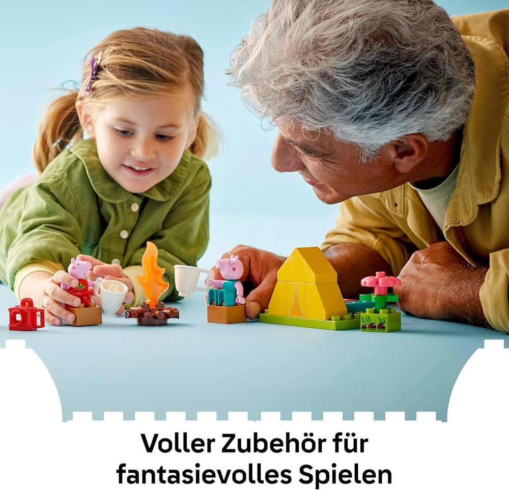DUPLO Peppa Pig Campingausflug mit Papa Wutz – Montessori Spielzeug für Mädchen & Jungen ab 2 Jahren – inkl. Zelt, Kanu, Lagerfeuer und 2 Figuren – Fördert Motorik & Farberkennung – Geschenk - 10452