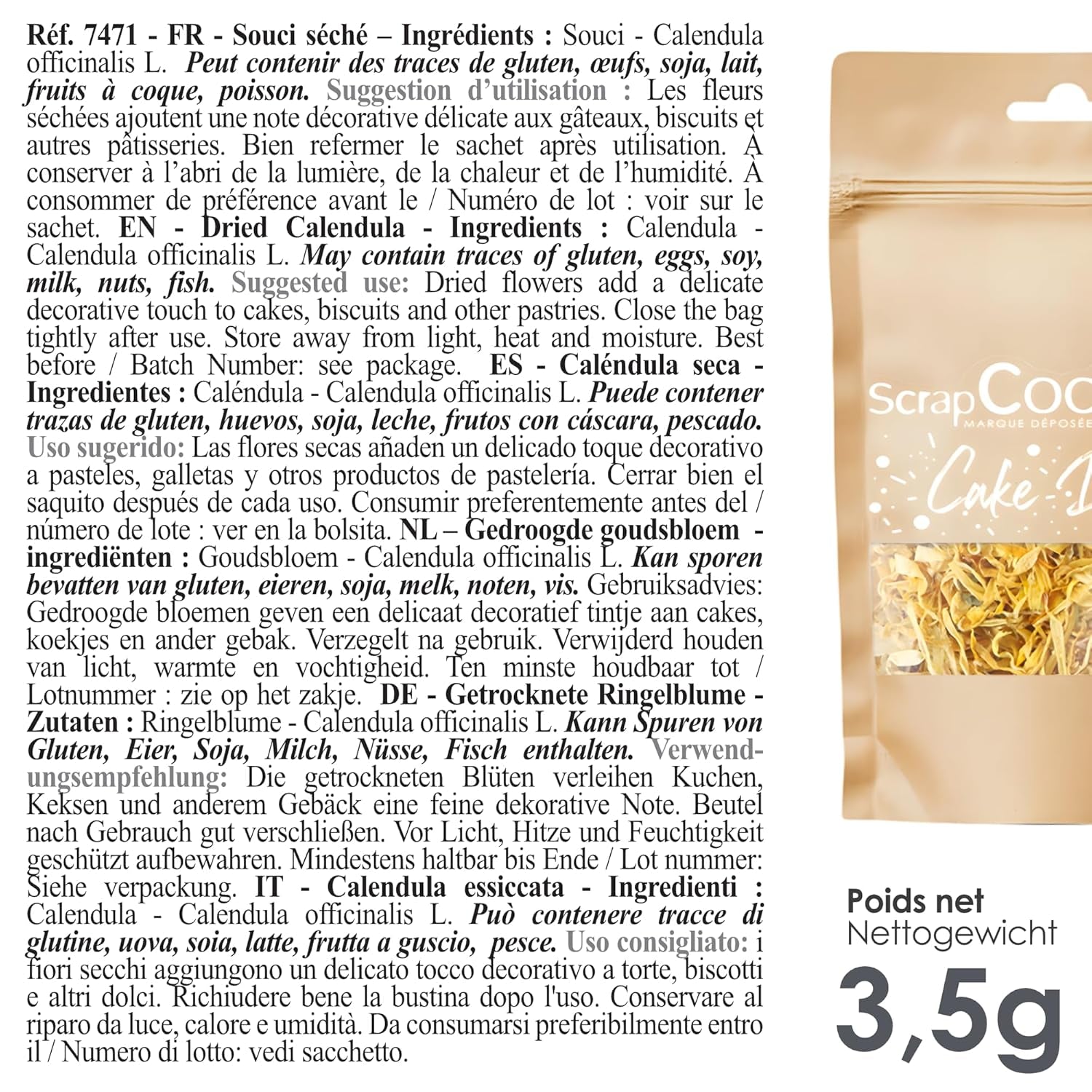 ScrapCooking - Soucis séchés 3,5 g - Fleurs comestibles - Décorations alimentaires pour pâtisserie - Pour desserts, gâteaux, tartes, muffins - Noël, printemps, anniversaire - Jaune doré - 7471