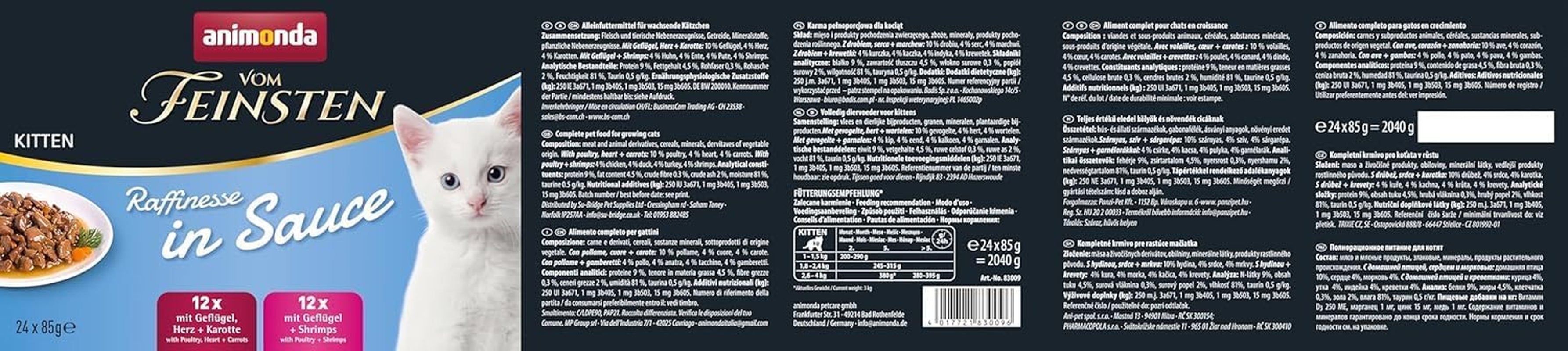 animonda vom Feinsten Premium Kitten Hrană umedă pentru pisici, Arome rafinate în sos, 24 pliculețe (24 x 85g), Hrană umedă de înaltă calitate pentru pisici, fără zahăr, Mix variat