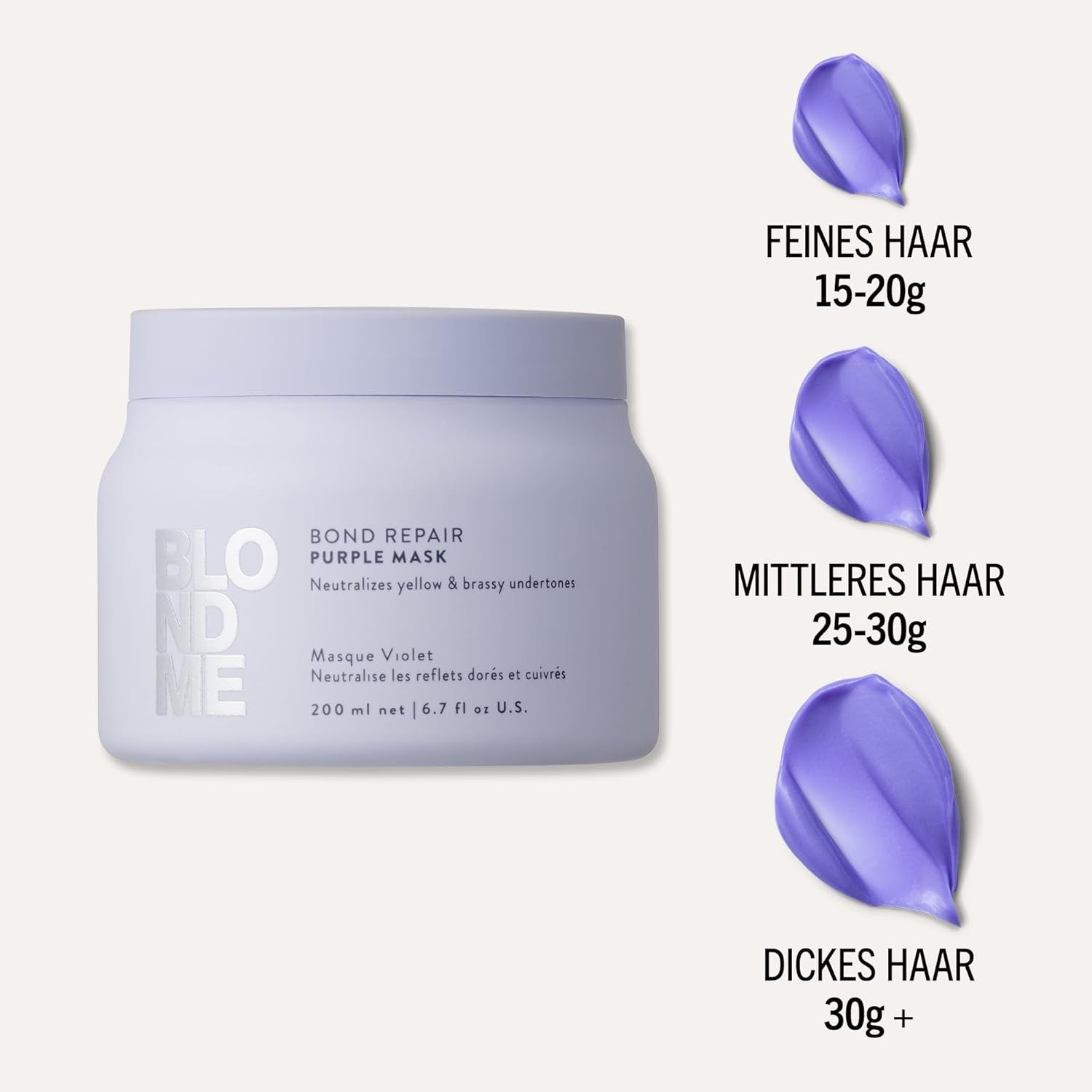 Schwarzkopf Professional BLONDME Bond Repair Purple Mask Masque pour cheveux frais Neutralise les tons jaunes pour cheveux teints, décolorés et clairs Revitalisant et fortifiant en profondeur 200 ml Masque capillaire Naty Shop