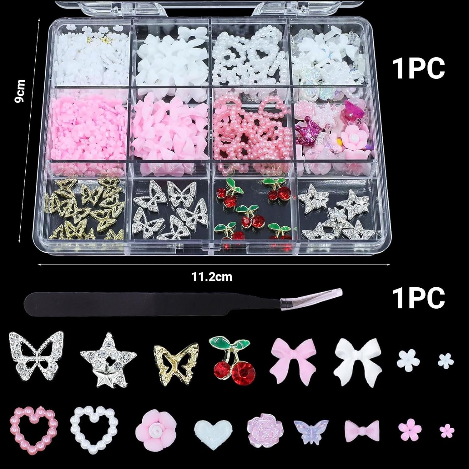 3D Anhänger Mit Schmetterlings Kirschstern Nagel Edelsteinen Mit Pinzette, Schleifen, Herz, Blume, Nagel Strassanhänger Für Maniküre, DIY-Bastelzubehör