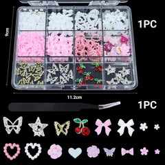 3D Anhänger Mit Schmetterlings Kirschstern Nagel Edelsteinen Mit Pinzette, Schleifen, Herz, Blume, Nagel Strassanhänger Für Maniküre, DIY-Bastelzubehör