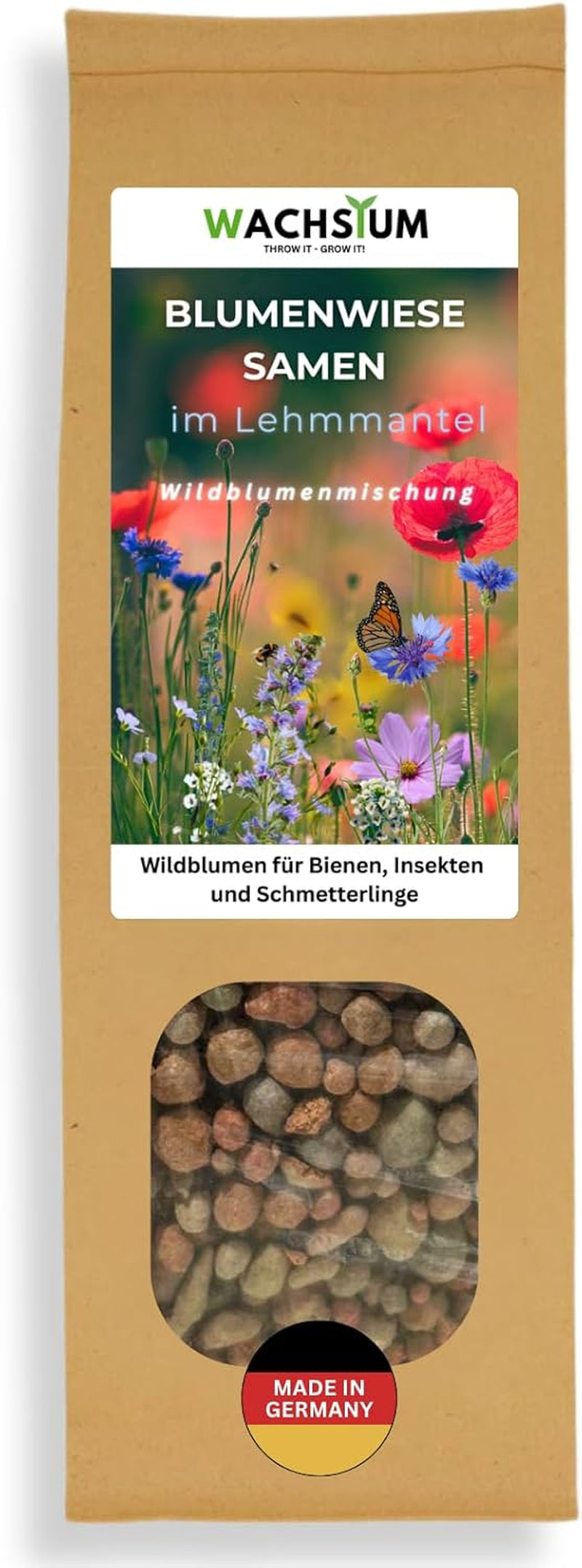 Graines de fleurs enrobées d'argile protectrice pour abeilles et papillons, 400g. Mélange de fleurs sauvages vivaces et résistantes à l'hiver pour 20 m². De belles graines de fleurs sauvages pour un pâturage d’abeilles coloré. Cadeau pour les enfants.