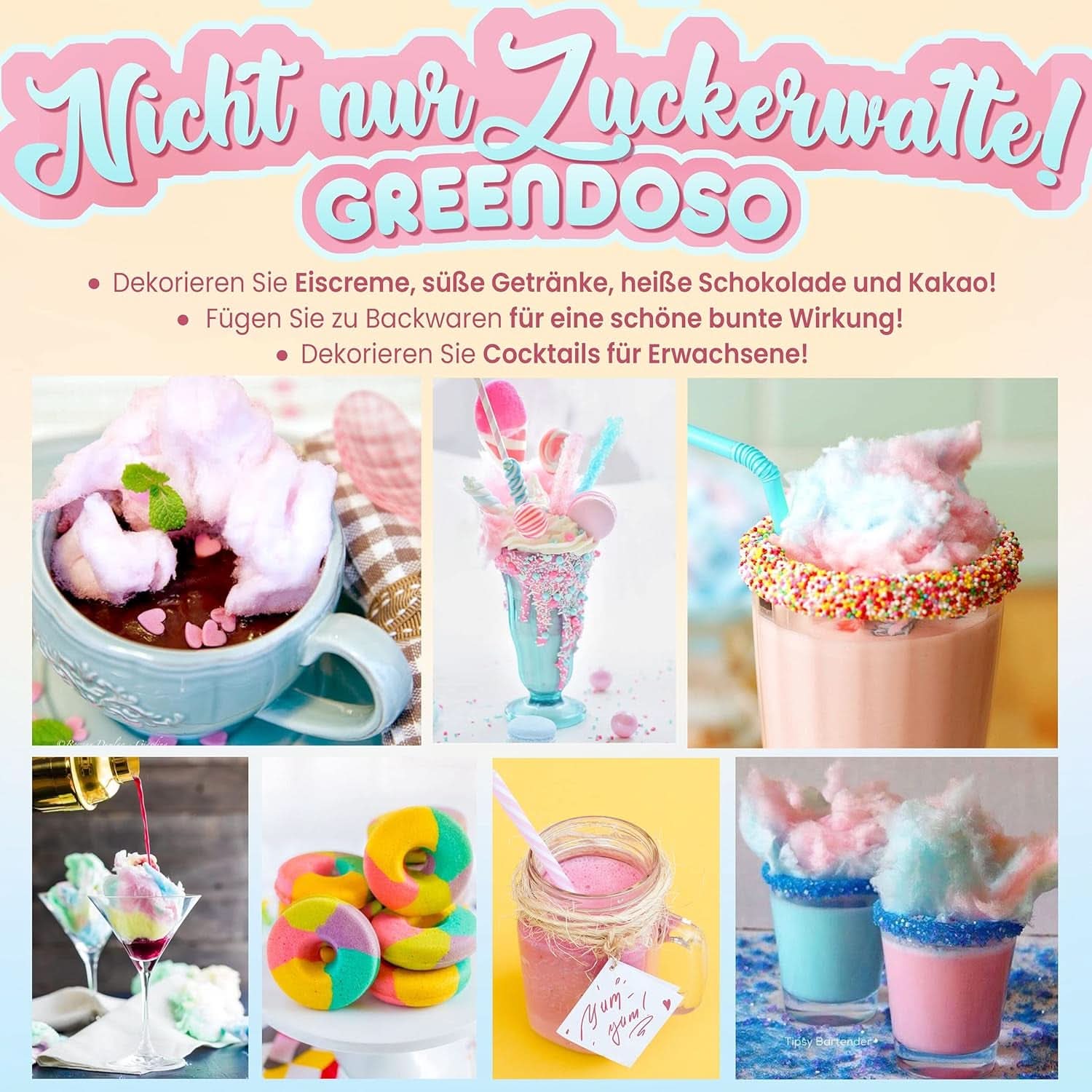 GREENDOSO® Barbe à papa pour machine à barbe à papa (4 x 320 grammes) - 4 parfums (fraise/cola/framboise/pomme) + 50 sticks - MADE in FRANCE Naty Shop