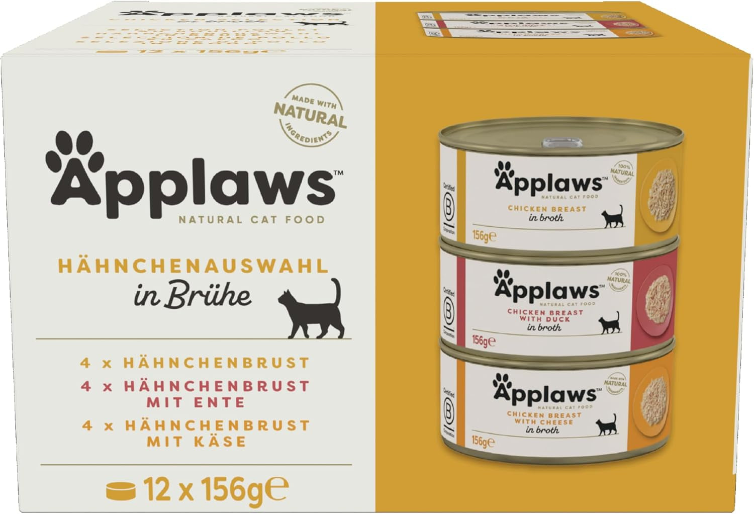 Applaws 100% Naturel Premium Nourriture Humide pour Chat Poulet en Bouillon Multi Pack - 12 Canettes x 156g Pack