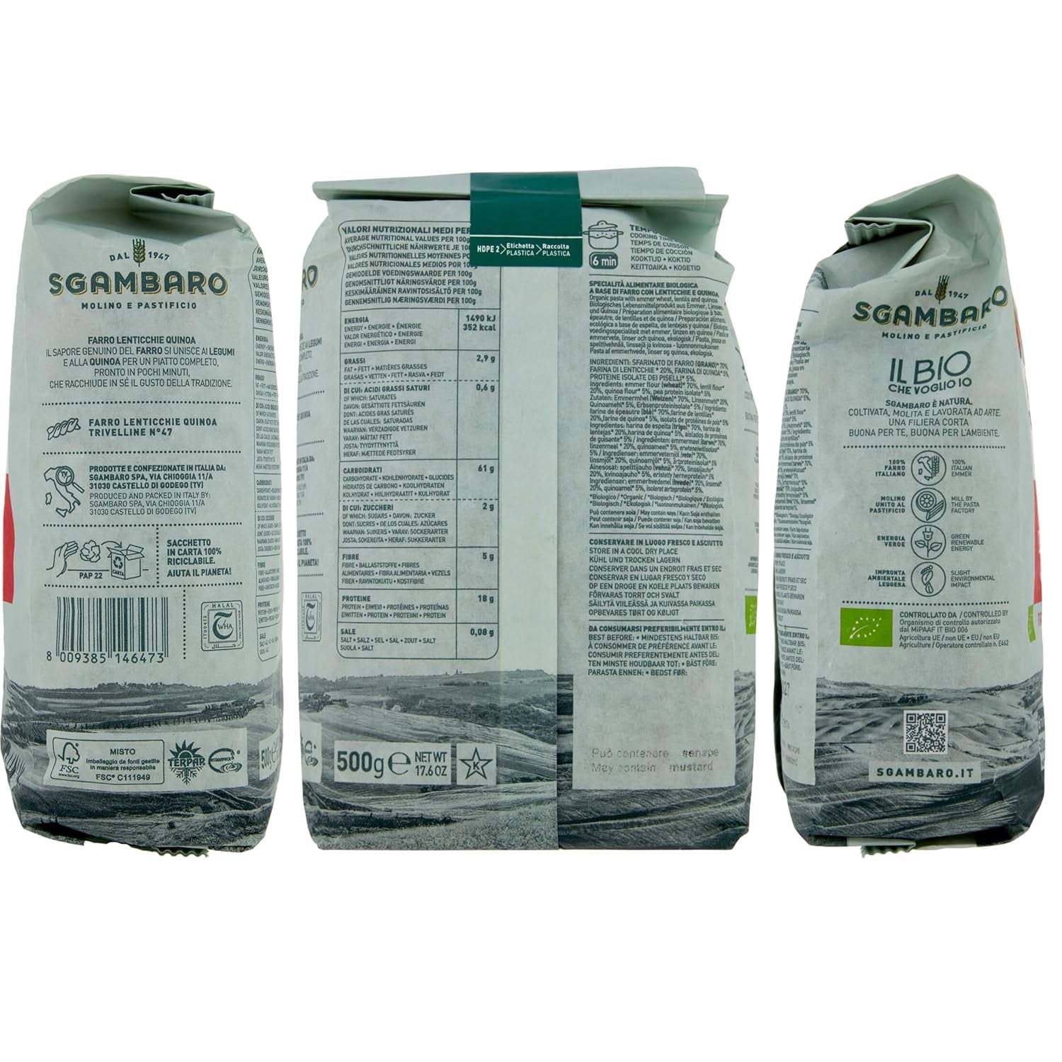 Pâtes bio Trivelline N.47 - 500g à la farine d'épeautre, farine de lentilles et farine de quinoa - Riche en protéines, source de fibres et de protéines