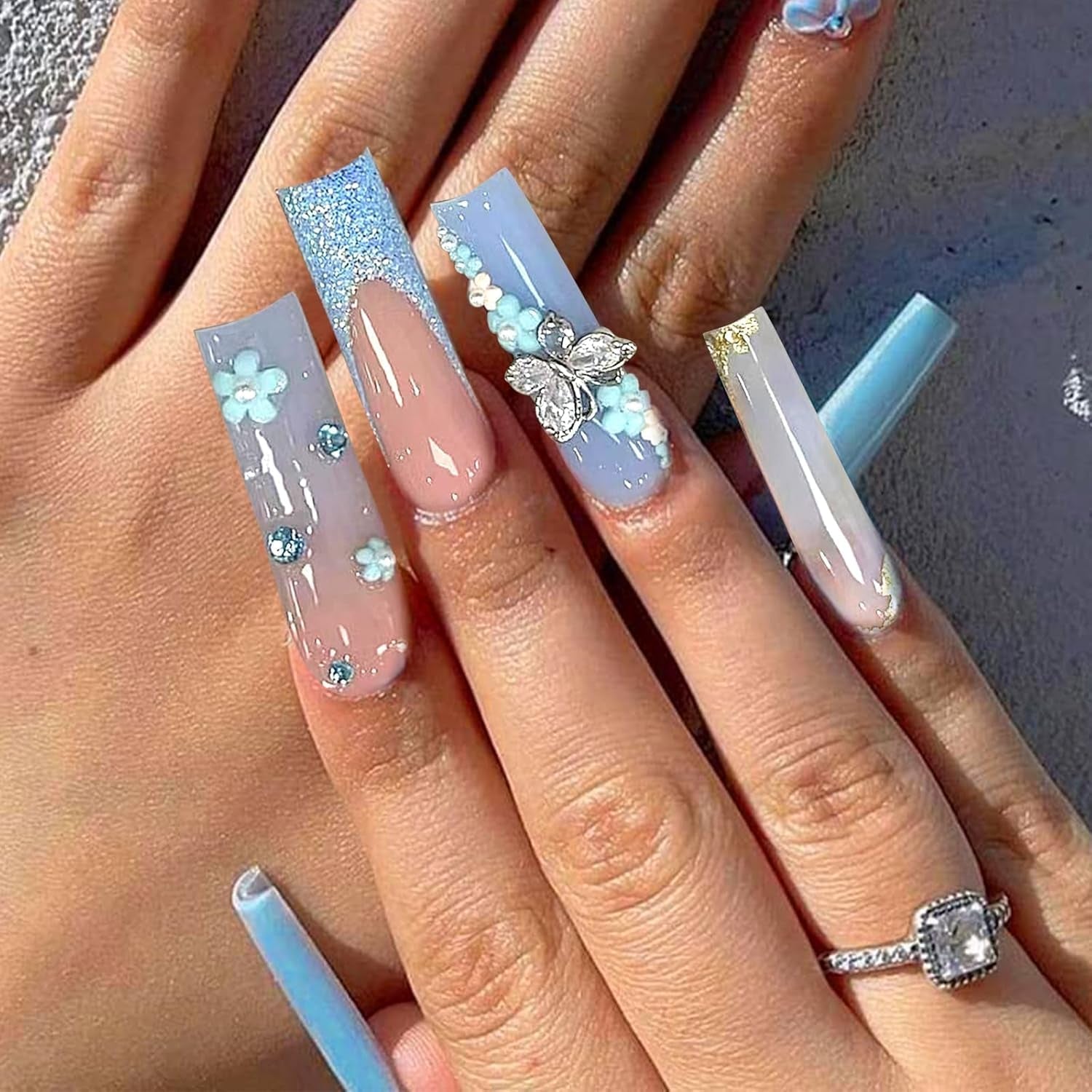 24 pièces papillon bleu ongles artificiels carré presse sur français longues paillettes brillant strass faux ongles conseils