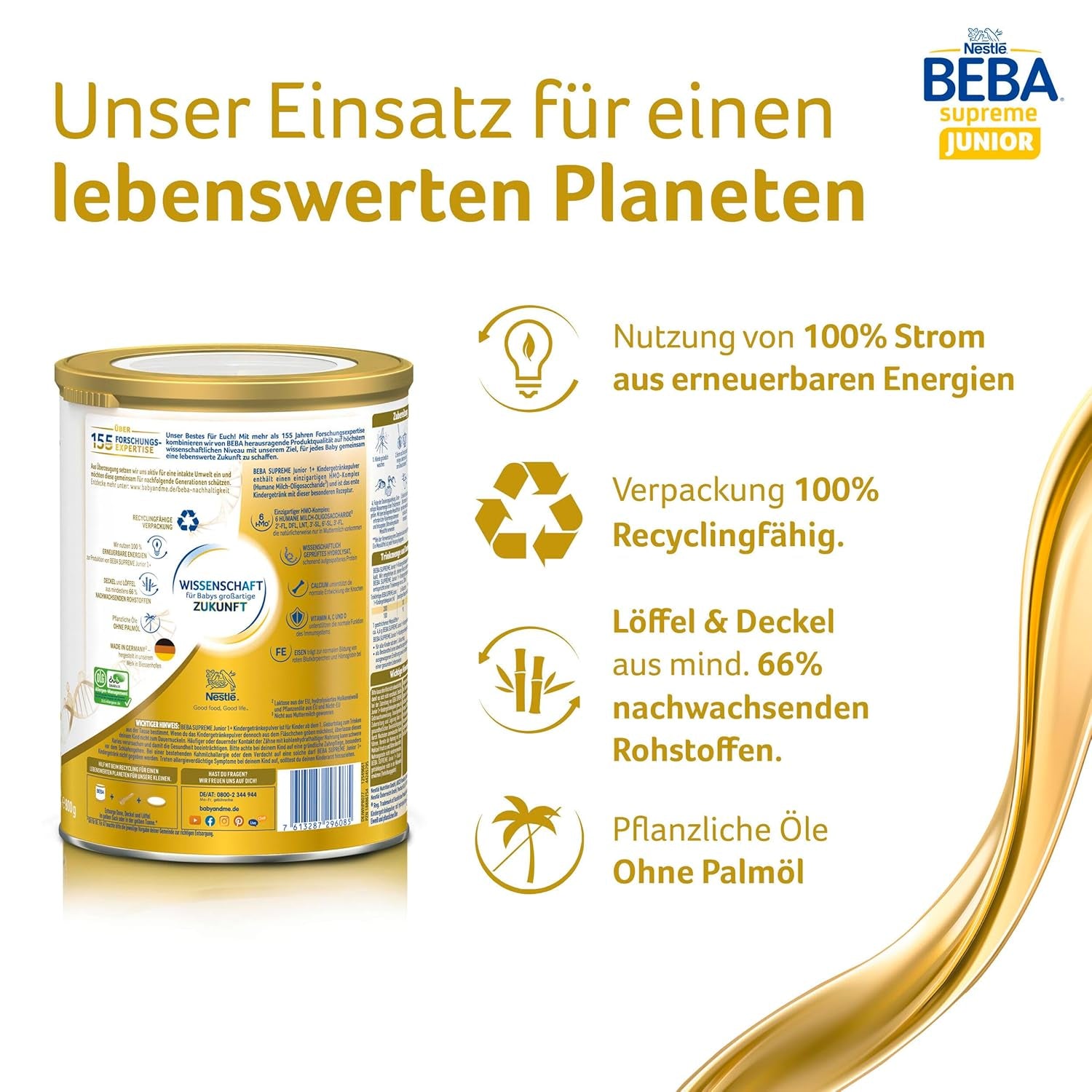 BEBA SUPREME JUNIOR 1 Plus - Boisson pour enfants à partir de 1 an, au complexe 6 HMO, sans lactose, sans huile de palme, sans huile de poisson, nourriture pour petits enfants, lait en poudre pour bébé, pack de 6 (6 x 800g)