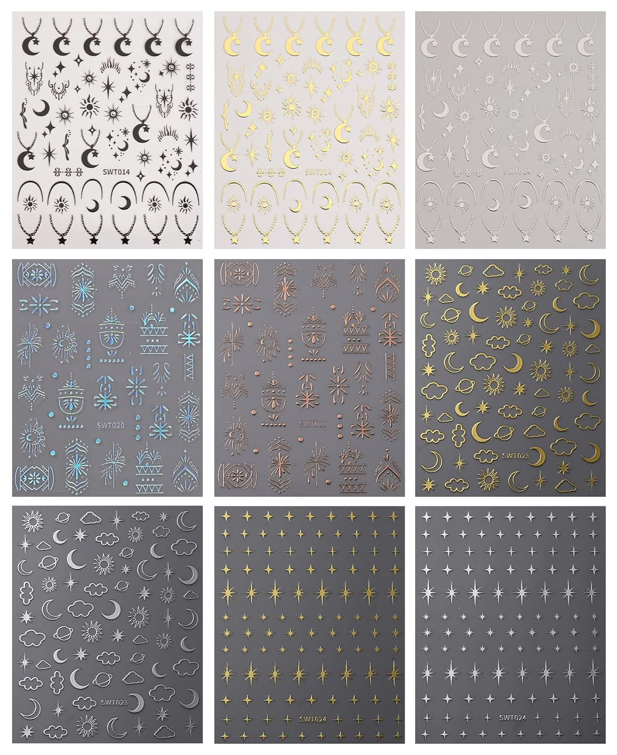 JMEOWIO Nagelsticker Mond Stern 9 Blatt Nail Art Sticker Selbstklebend Nagelaufkleber Bunter Dekoration Nageldesign Zubehör