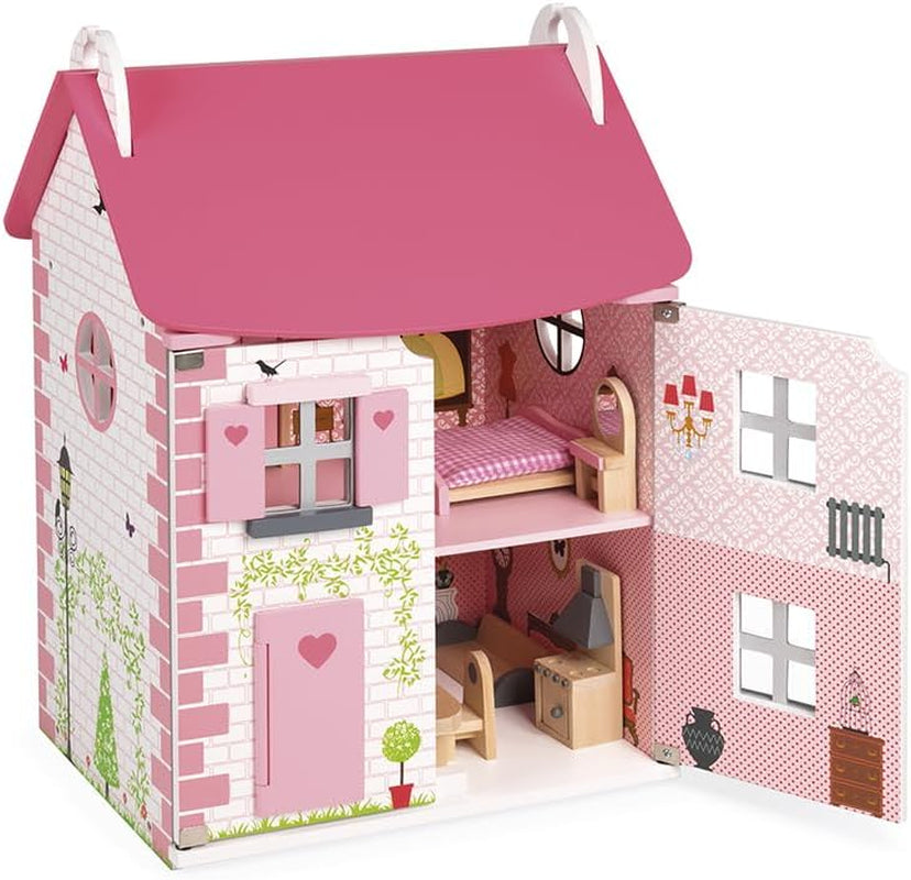Janod - Maison de poupée en bois Mademoiselle, 3 étages et 11 accessoires, réplique de jouet, développe l'imagination, à partir de 3 ans, J06581, rose Naty Shop Classic Dollhouses