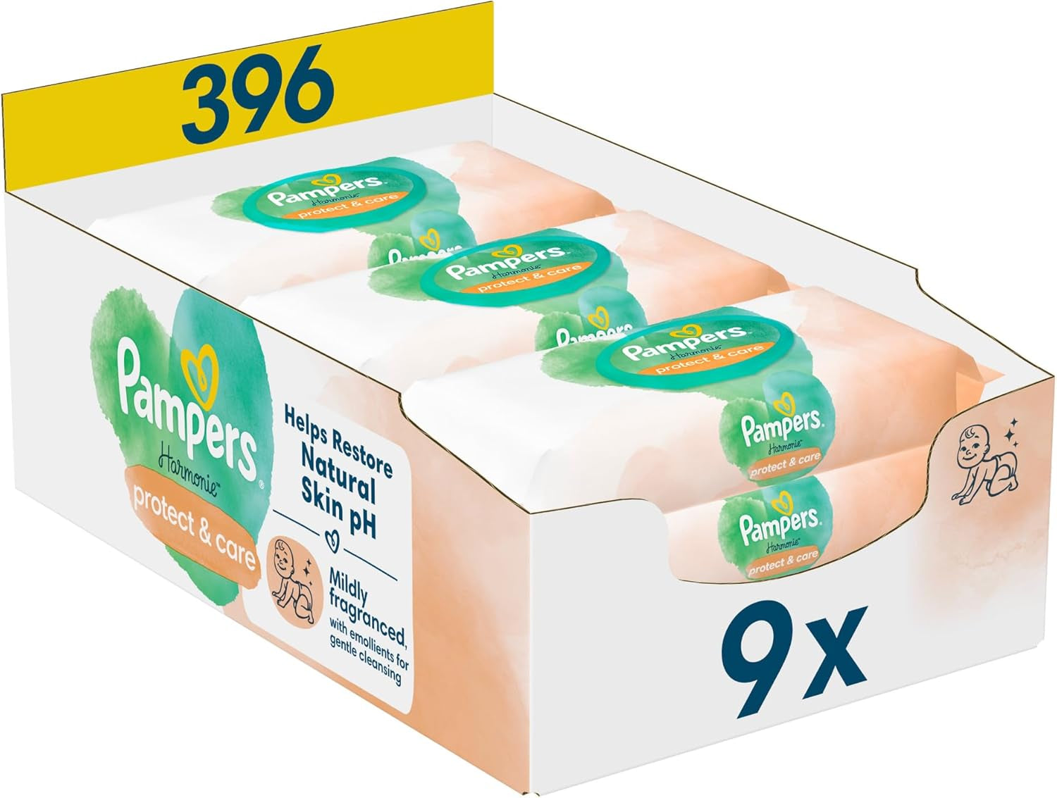 Șervețele umede Pampers Harmony Protect & Care, 18 pachete a câte 44 de șervețele fiecare = 792 de șervețele care ajută la restabilirea echilibrului natural al pH-ului pielii