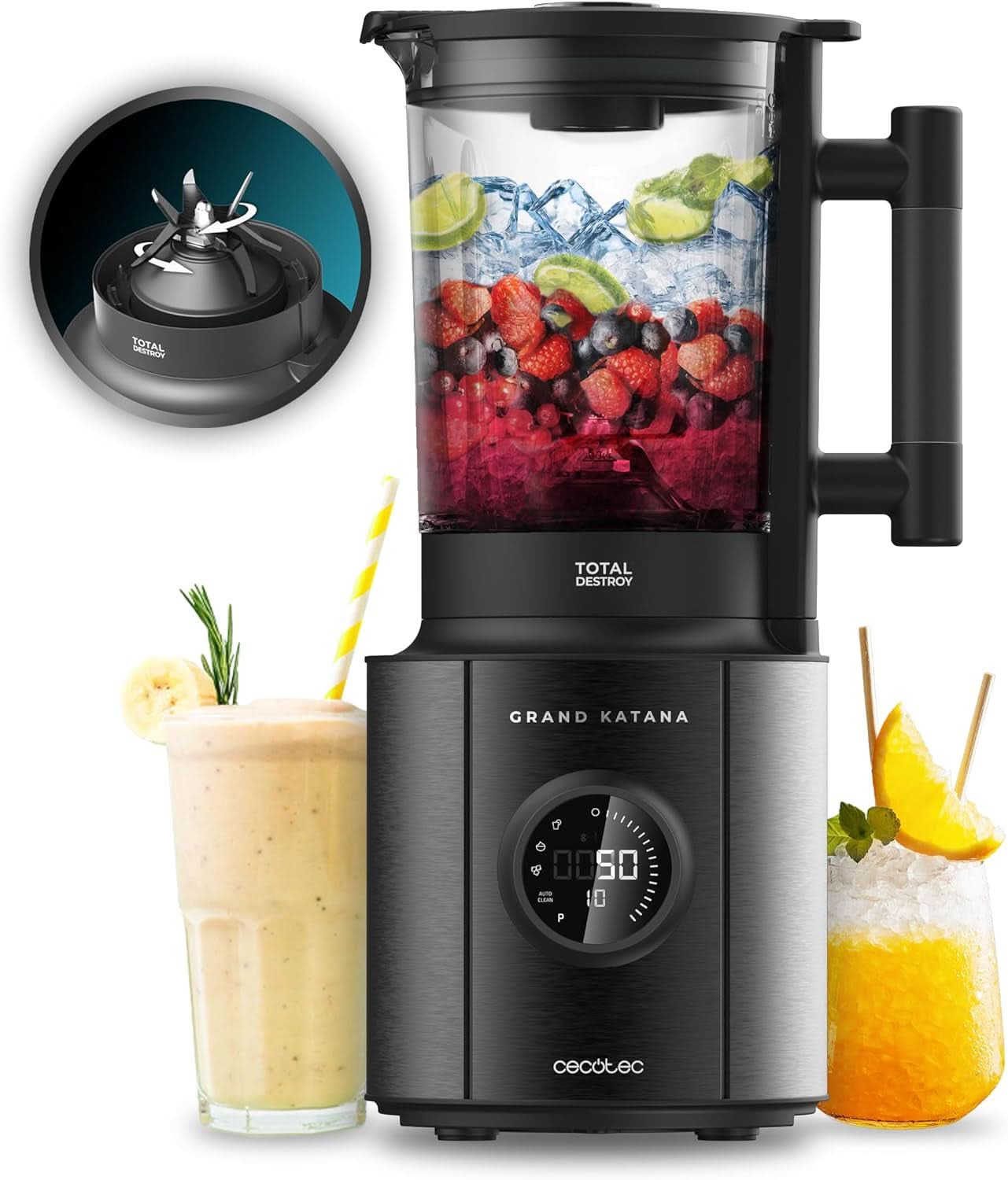Cecotec Batteur sur socle Grand Katana 2700MAX Total Destroy W. Maximalleistung 2700W, Gegenläufige Technologie, 8-Klingen-Messer Mit Schwarzer Titanbeschichtung, Thermoresistenter Krug 1.8L Mother and Child Naty Shop Schwarz / Display