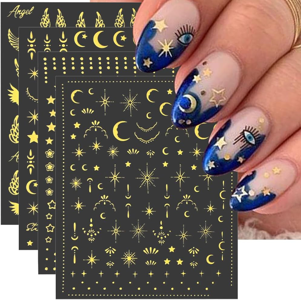8 feuilles d'autocollants pour ongles dorés, lune et étoiles, ailes d'ange, autocollants pour ongles dorés, feuilles d'étoiles, autocollants pour ongles, accessoires de conception d'ongles, autocollants pour ongles