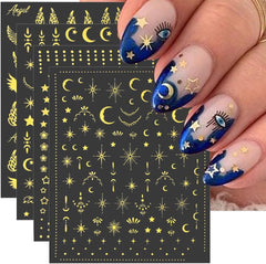8 feuilles d'autocollants pour ongles dorés, lune et étoiles, ailes d'ange, autocollants pour ongles dorés, feuilles d'étoiles, autocollants pour ongles, accessoires de conception d'ongles, autocollants pour ongles