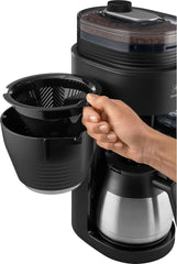Melitta AromaFresh Therm Pro X - Machine à expresso avec filtre, moulin intégré, réservoir d'eau amovible, carafe thermique en acier inoxydable et fonction minuterie, pour jusqu'à 8 tasses de café, noir/argent