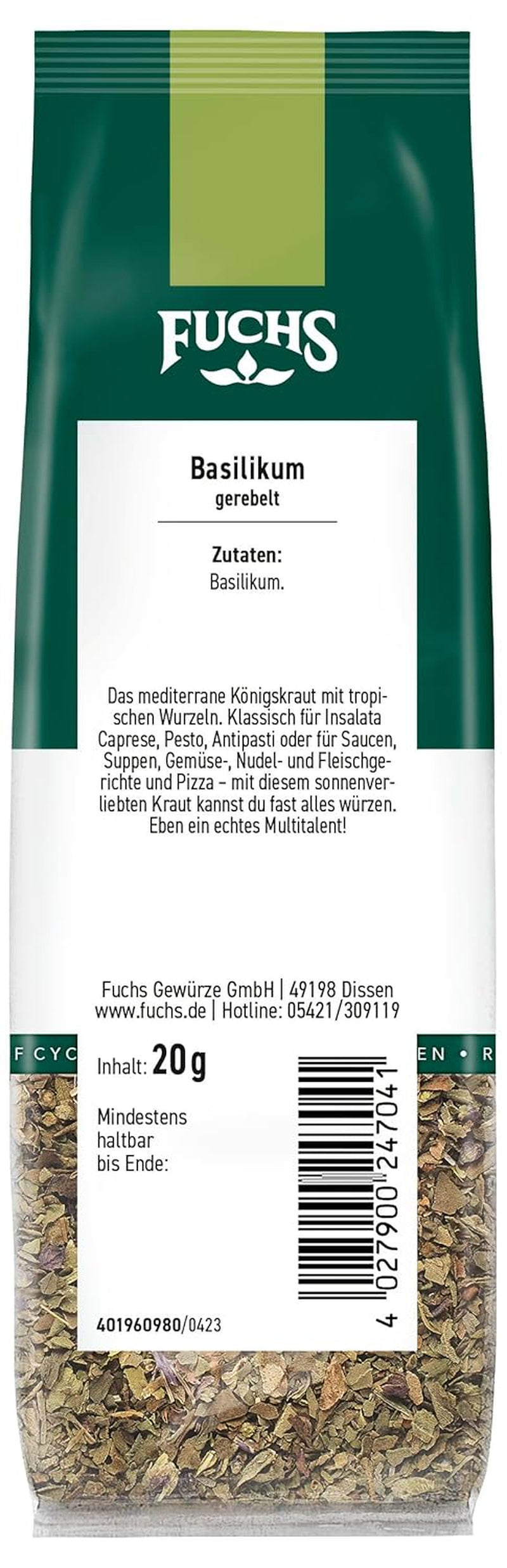 Fuchs Gewürze - Basilicum Gerebelt im Recyclbaren Nachfüllbeutel - 20 g