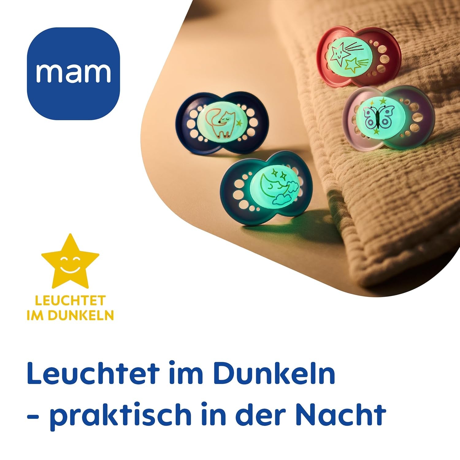 Sucette MAM Original Day & Night Matt | 6-16 mois | Acceptation 94% | La tétine pour bébé aide à prévenir l'alignement indésirable des dents | Développé en collaboration avec des dentistes | Silicone SkinSoft | Renard/Lune | Paquet de 4