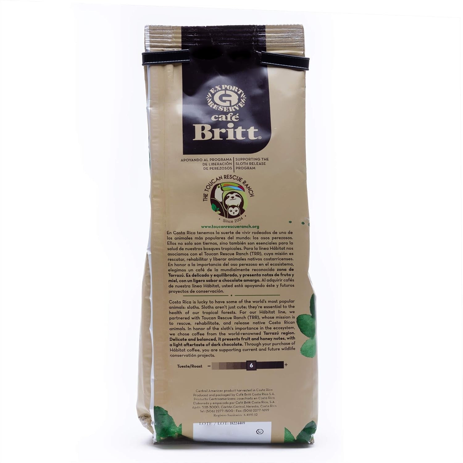 Café Britt® - Mélange de paresseux de l'habitat du Costa Rica (340 g) (paquet de 1) Café Arabica en grains entiers, casher, sans gluten, gourmet et torréfaction moyennement foncée