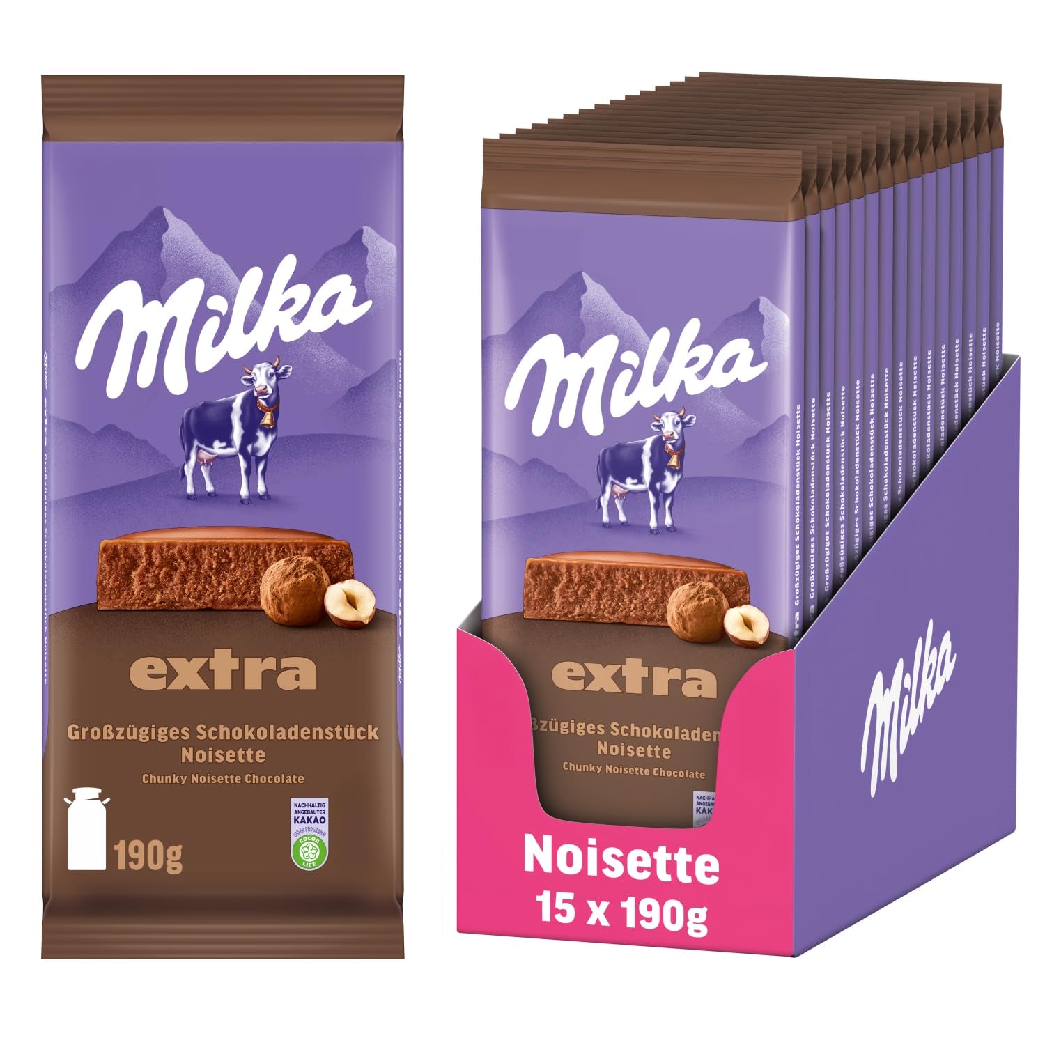 Milka Extra Noisette – Chocolat au lait alpin fourré délicatement et crémeux aux noisettes – 15 x 190 g