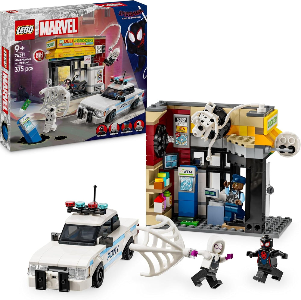 LEGO | Marvel Spider-Verse: Miles Morales vs. Spot - Superhelden Spielset mit Spielzeug Auto - 4 Minifiguren und Mini-Markt - Kreatives Geschenk für Jungen und Mädchen ab 9 Jahren - 76311