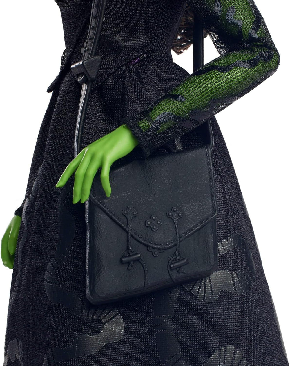 Mattel Wicked Elphaba Poupée mannequin et accessoires avec peau verte, cheveux tressés noirs, diverses poses possibles et apparence de robe de bal extensible, HXT62, [Multicolore] Naty Shop Dolls
