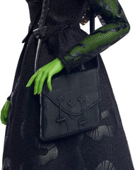 Mattel Wicked Elphaba Poupée mannequin et accessoires avec peau verte, cheveux tressés noirs, diverses poses possibles et apparence de robe de bal amovible, HXT62, [Multicolore]