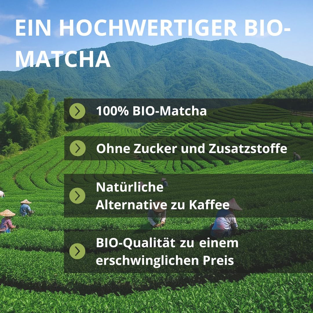 | Matcha bio en poudre 100 g | Thé vert Matcha en poudre de qualité cérémonielle | 100% naturel et qualité premium | Thé détoxifiant | Compatible avec le set Matcha, la tige, le bol et le verre.