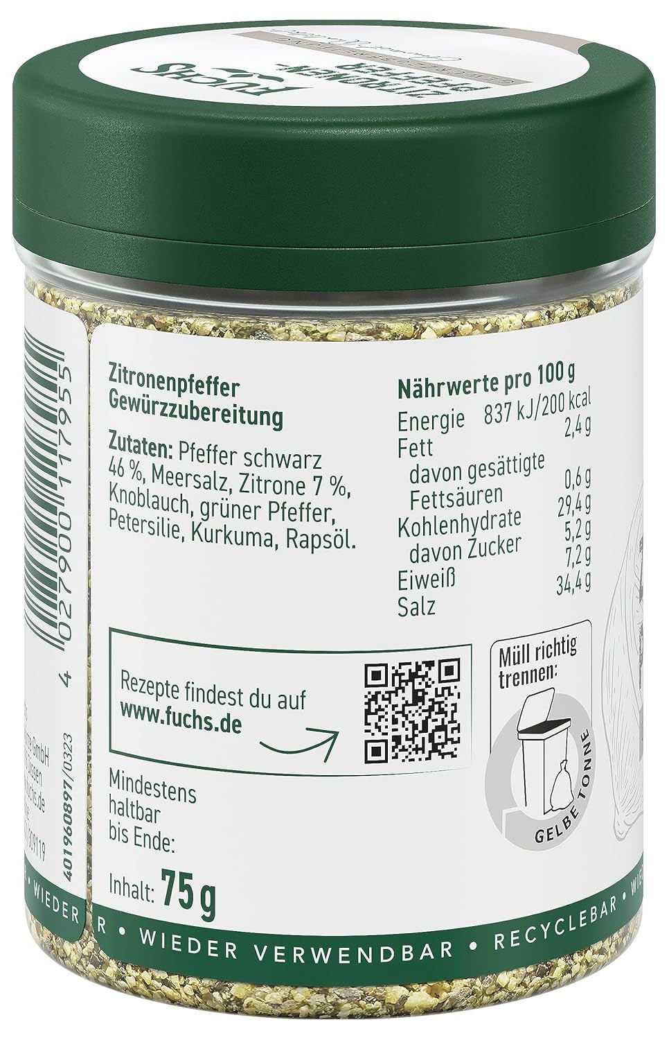 Fuchs Gewürze - Citronenpfeffer Gewürz - Gewürzzubereitung für Lachs, Zander und Kabeljau - ingrédients naturels - 75 g en dose variable, recyclable
