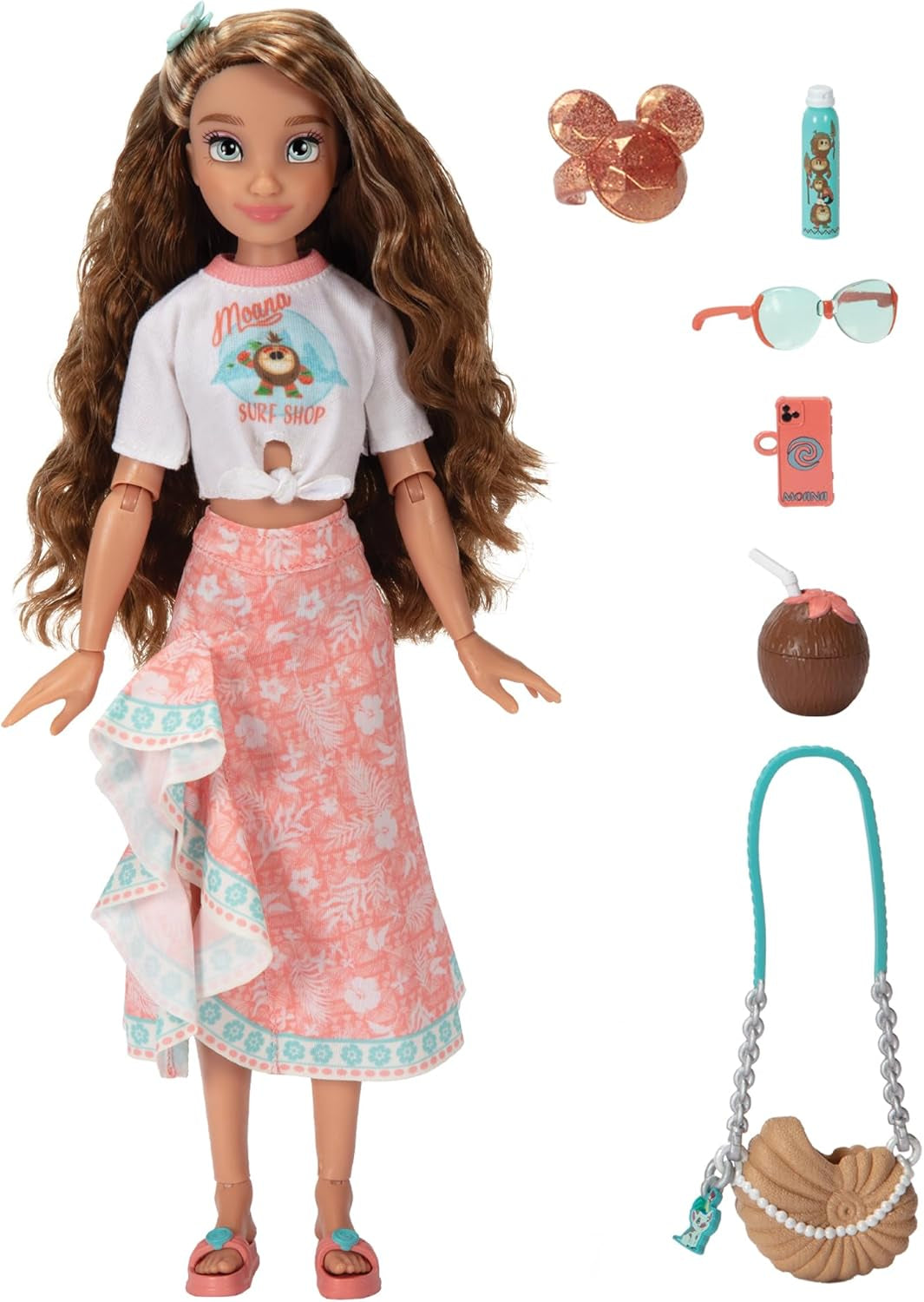 Poupée Vaiana avec accessoires, 29cm, 13 points d'articulation, sous licence officielle Jakks Pacific. Complet avec des accessoires combinables et une bague Mickey étincelante !