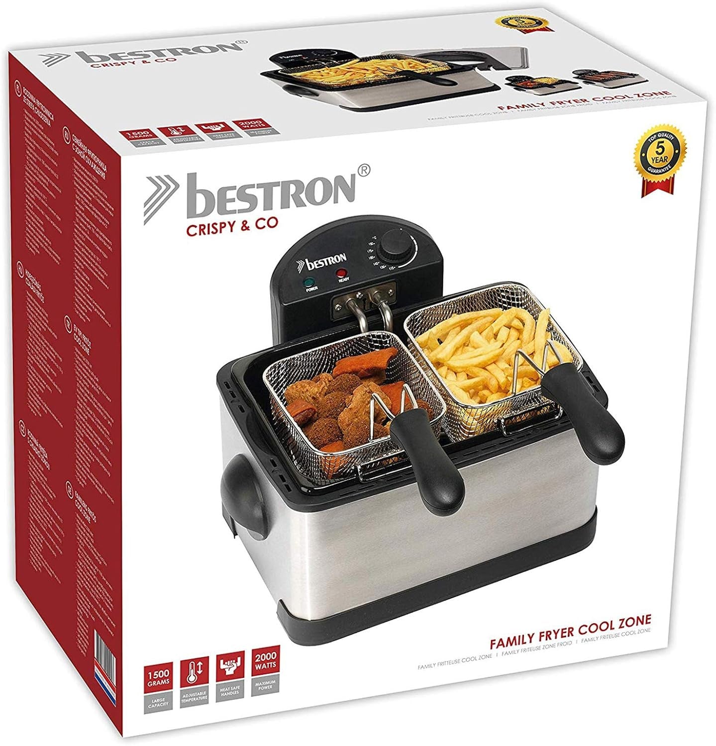 Friteuse à huile Bestron XL Avec 3 paniers à friture, Avec technologie de zone froide et réservoir d'huile amovible, 4 litres, 2000 W Électroménager Naty Shop