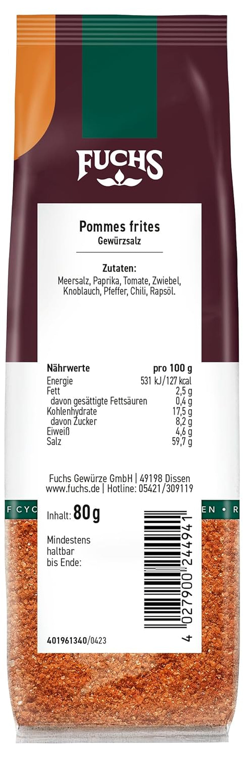 Fuchs Gewürze - Fritten Gewürzsalz im recyclebaren Nachfüllbeutel, Salz zum Würzen von Pommes Frites, Kartoffel-Ecken, Bratkartoffeln - 80 g