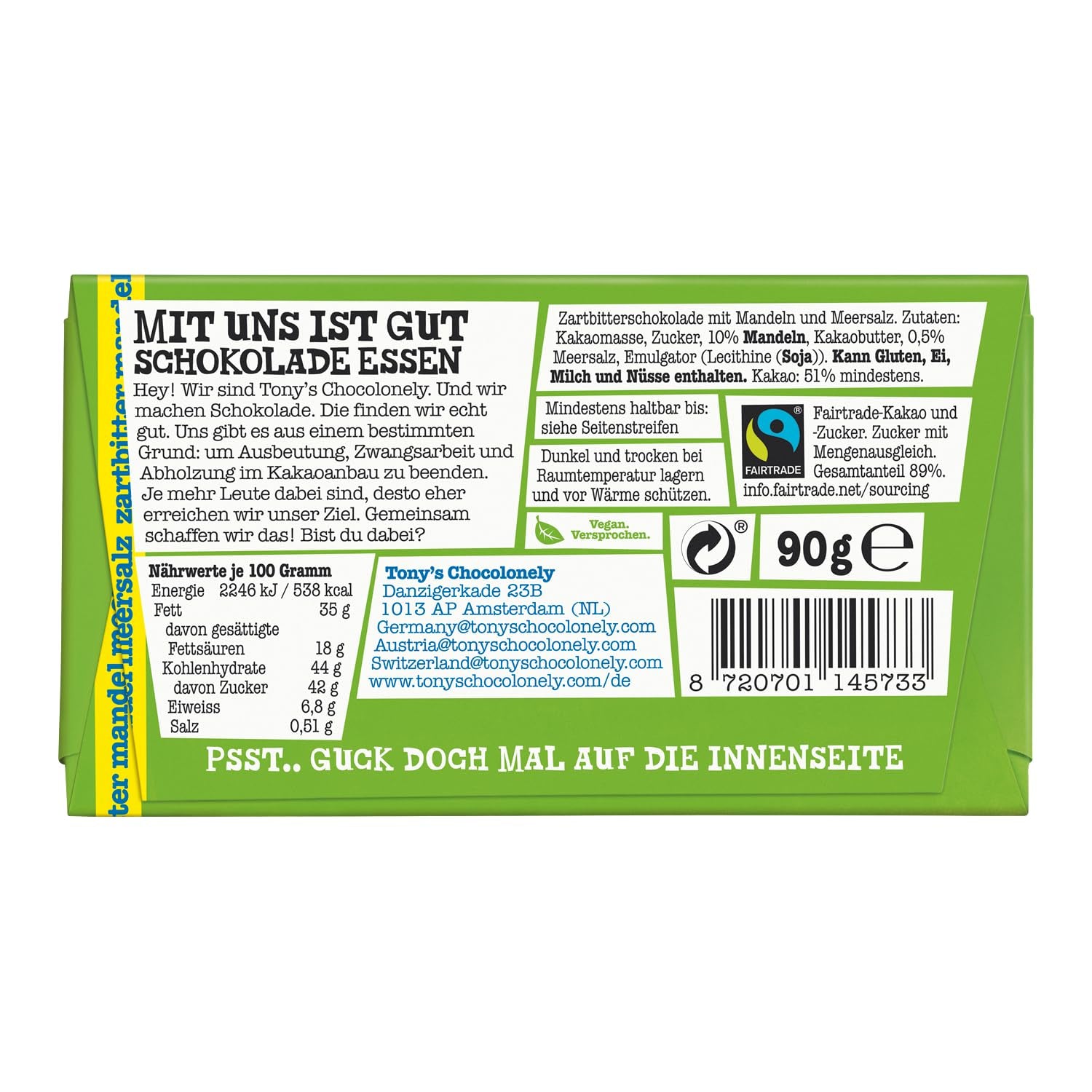 Tony's Chocolonely - Chocolat noir aux amandes et sel marin 90g