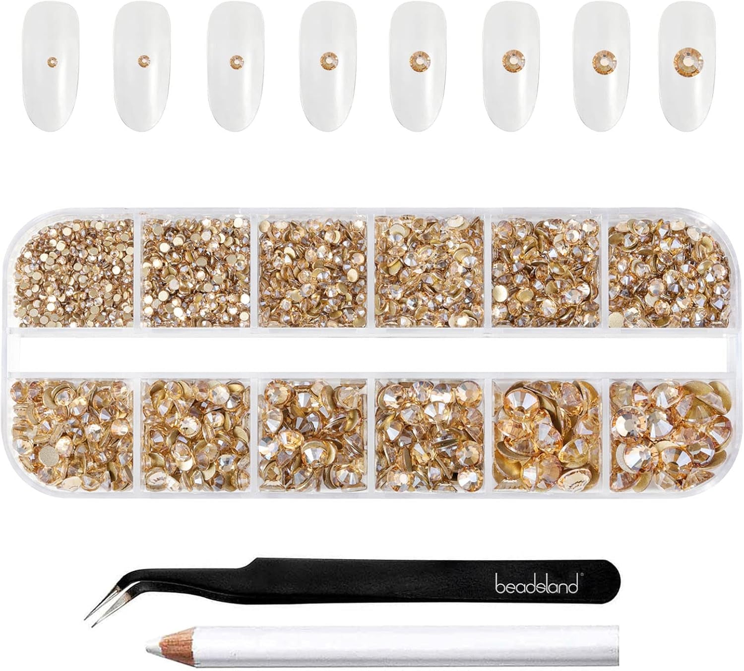 Beadland 2500Pcs Verre Nailart Strasssteine ​​​​Kristall Flatback Edelsteine ​​​​Runde, ​​​​pour Handwerk Gemischt 8 Größen SS4 ~ SS30 Mit Picking Pinzette Und Stift (Kristall Weiss)