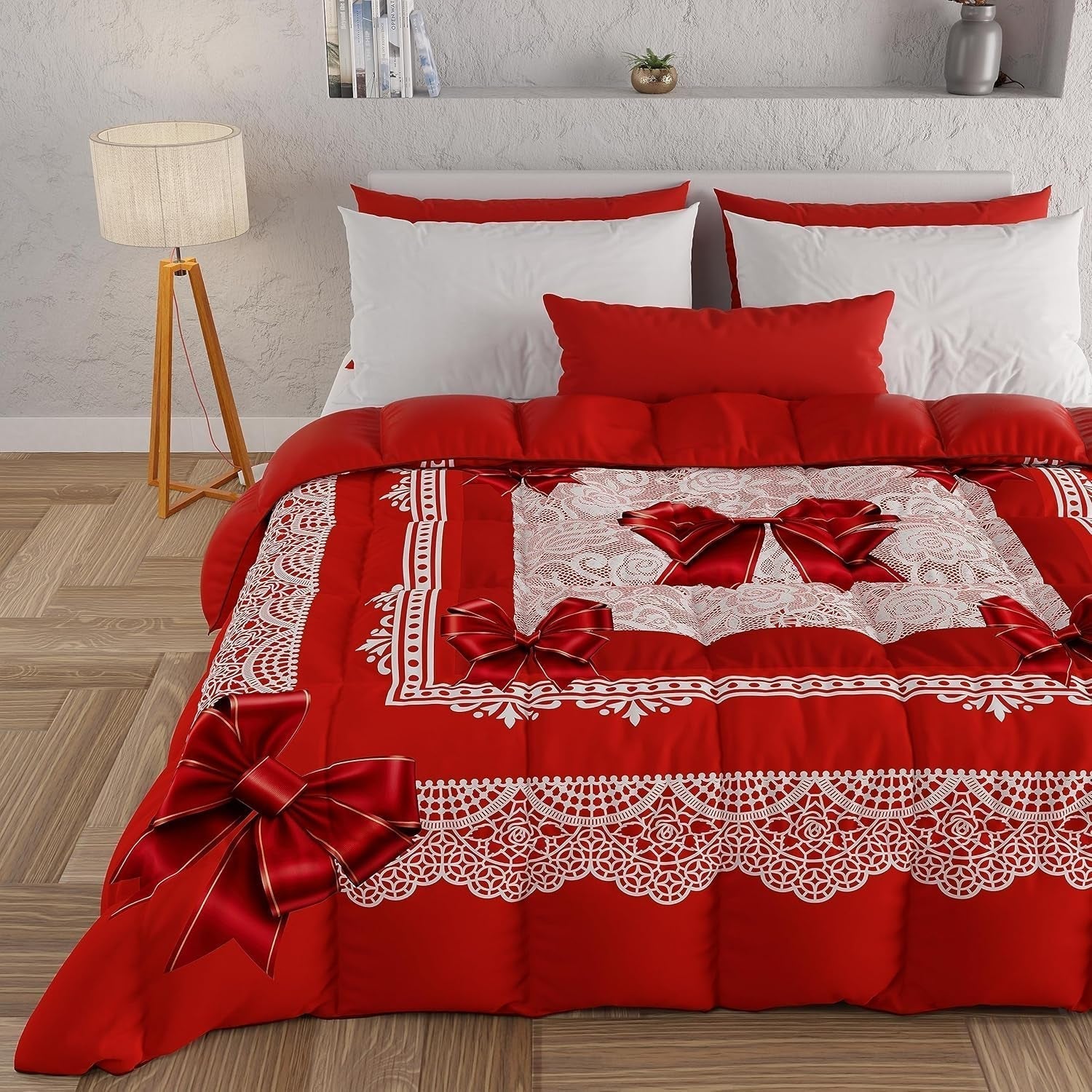 PETTI Artigiani Italiani - Couette d'hiver, Couette d'hiver, Couette simple, Double face, Impression monochrome et numérique, Microfibre 100% antiallergique, Made in Italy Couettes et couettes Naty Shop Ruban rouge 160 X 190 Cm