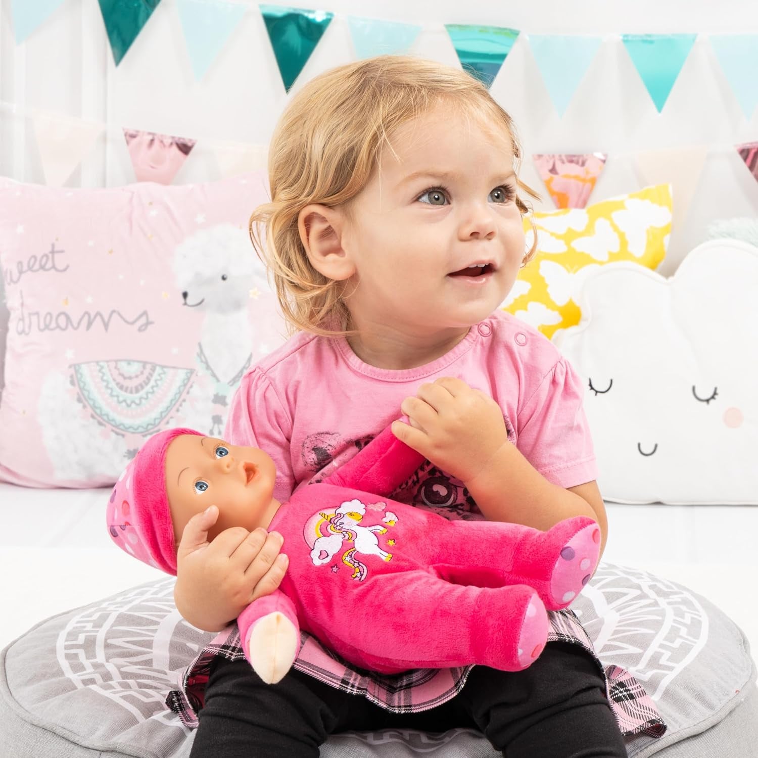Bayer Design 93029AC Poupée bébé, Spielpuppe, Kuschelpuppe, weich, ca. 30 cm, Rosa, Einhorn