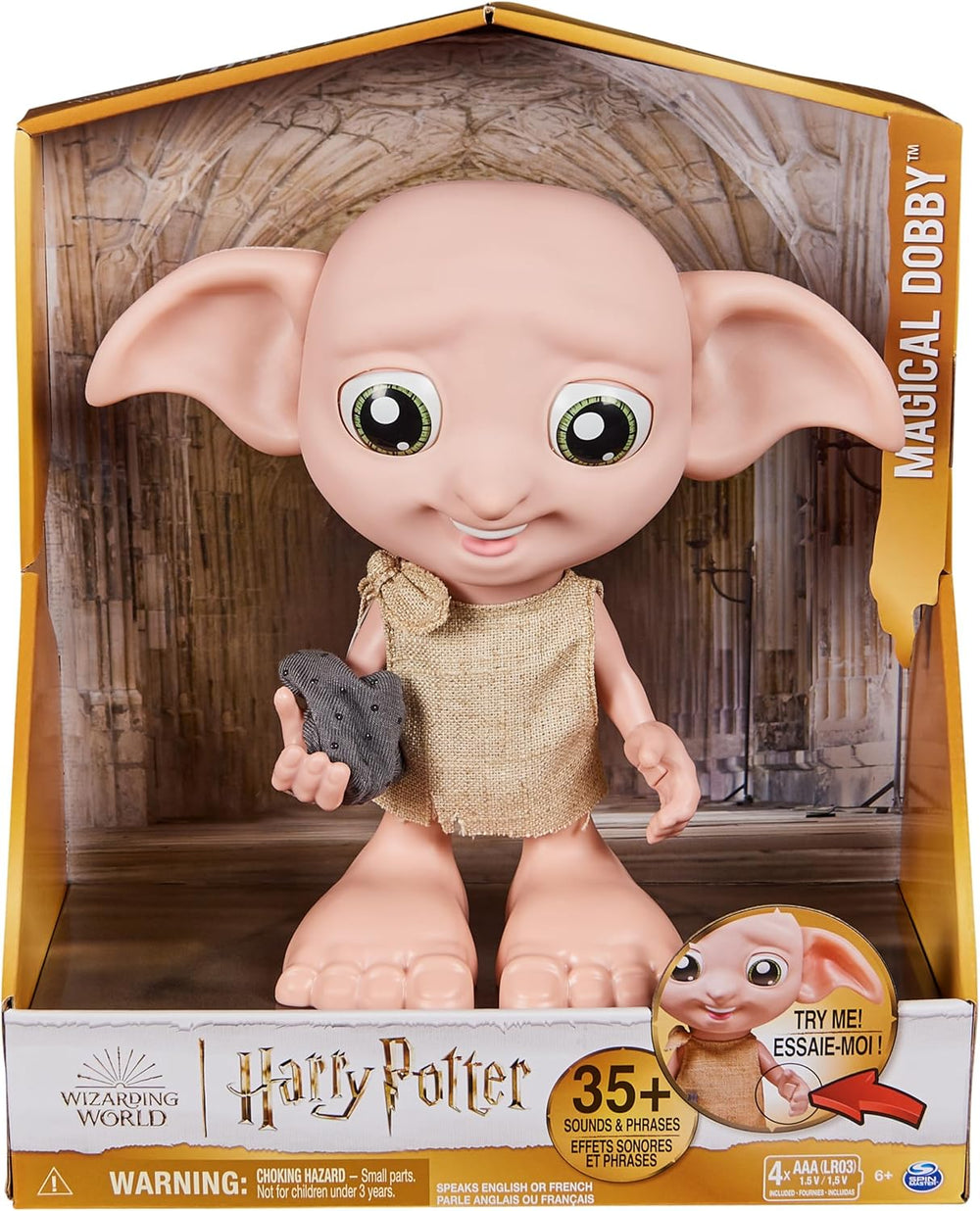 Spin Master 6067280 Wizarding World Harry Potter Poupée-chaussette interactive magique Dobby Elf, plus de 30 sons et phrases, 21,6 cm, jouet pour enfants, noir