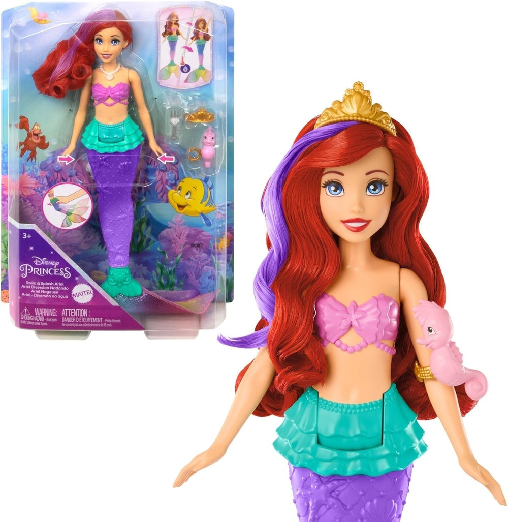 Mattel Disney Princess Toys, poupée mannequin sirène Arielle avec queue amovible, table de maquillage avec 5 surprises pop-up répétables et 5 accessoires, JBF86 Naty Shop Ariel Dolls