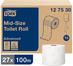 Tork 127530 Papier toilette doux Midi de qualité avancée pour distributeur de papier toilette double rouleau Tork T6 / Papier toilette doux 2 épaisseurs résistant aux déchirures, paquet de 27 (27 x 100 mètres)