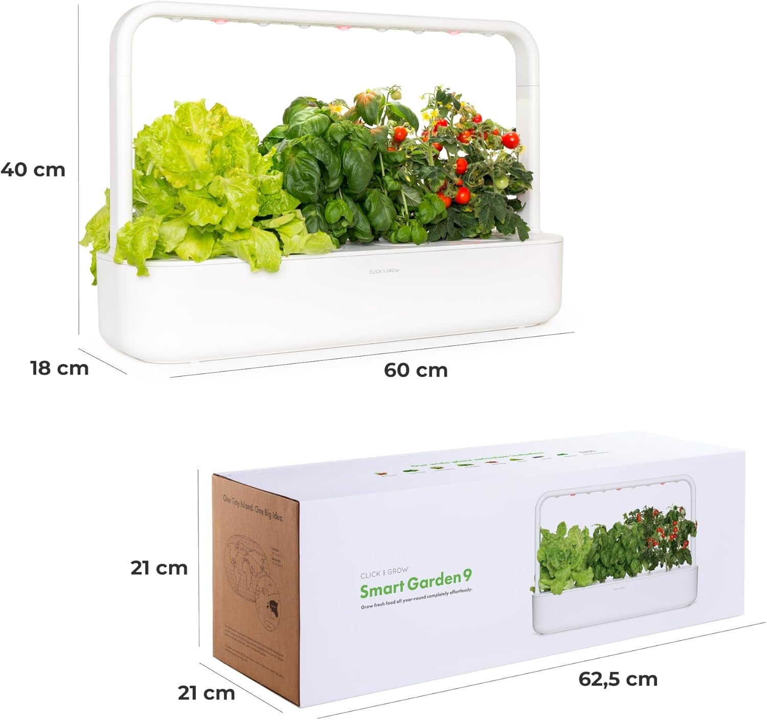 Click and Grow Jardin intérieur, plus facile que le système de culture hydroponique, jardin intelligent LED, jardin d'herbes aromatiques, serre intérieure avec 9 capsules de plantes incluses (blanc)
