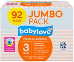 Couches Babylove Premium Taille 3 Midi 4-9kg, Paquet de 92, Pack XL