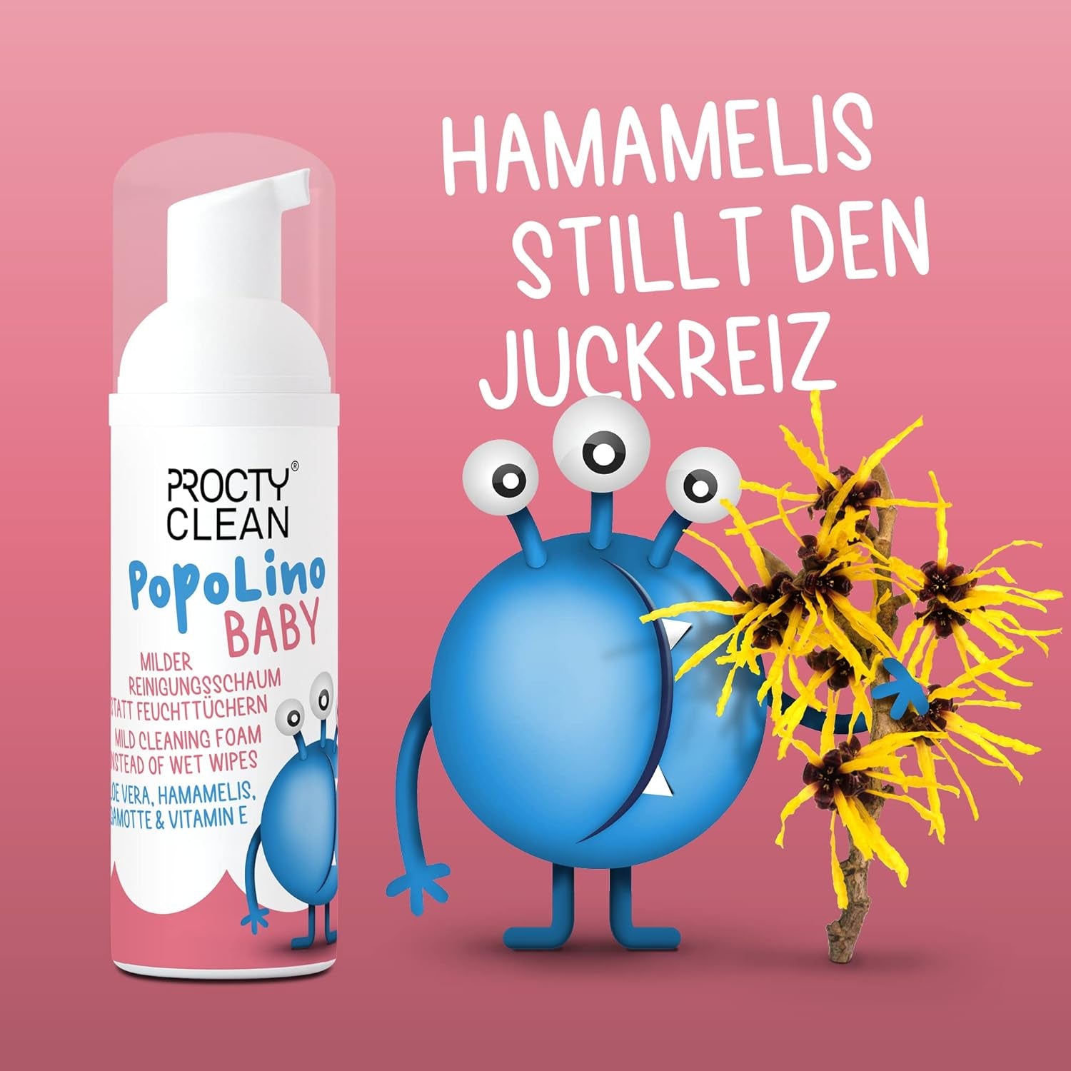 Mousse à fond souple PopoLino Baby au lieu de lingettes humides pour bébé. Mousse nettoyante cosmétique vegan et naturelle ! Mousse inférieure à l'aloe vera, à l'hamamélis, à la bergamote et à la vitamine E. Rend les fesses et l'environnement heureux.