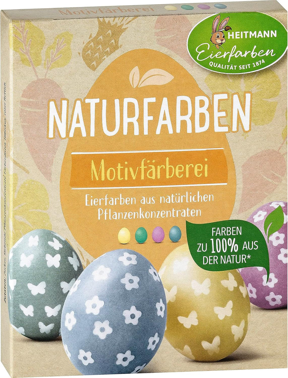Heitmann Egg Dye Set de teinture naturelle, 3 poudres de teinture aux œufs (jaune, violet, gris-bleu), feuille d'autocollants en papier d'herbe