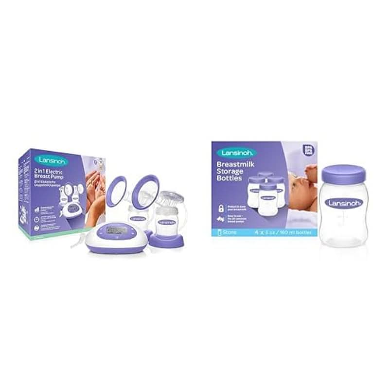 Lansinoh Tire-lait électrique 2 en 1 - écran LCD éclairé - pompage d'un ou des deux côtés - réglable individuellement - plus de lait en moins de temps Accessoires Alimentation et Allaitement Bebe Naty Shop Pack de biberons de lait maternel, 4 pcs Tire-lait électrique 2en1 (neuf)