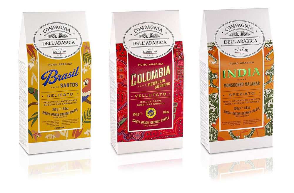 Caffè Corsini - Café en grains 3 X 250 grammes, Compagnia Dell'Arabica, différentes saveurs, origine unique, total 750G Coffee Naty Shop Set Brésil/Colombie/Inde Café moulu
