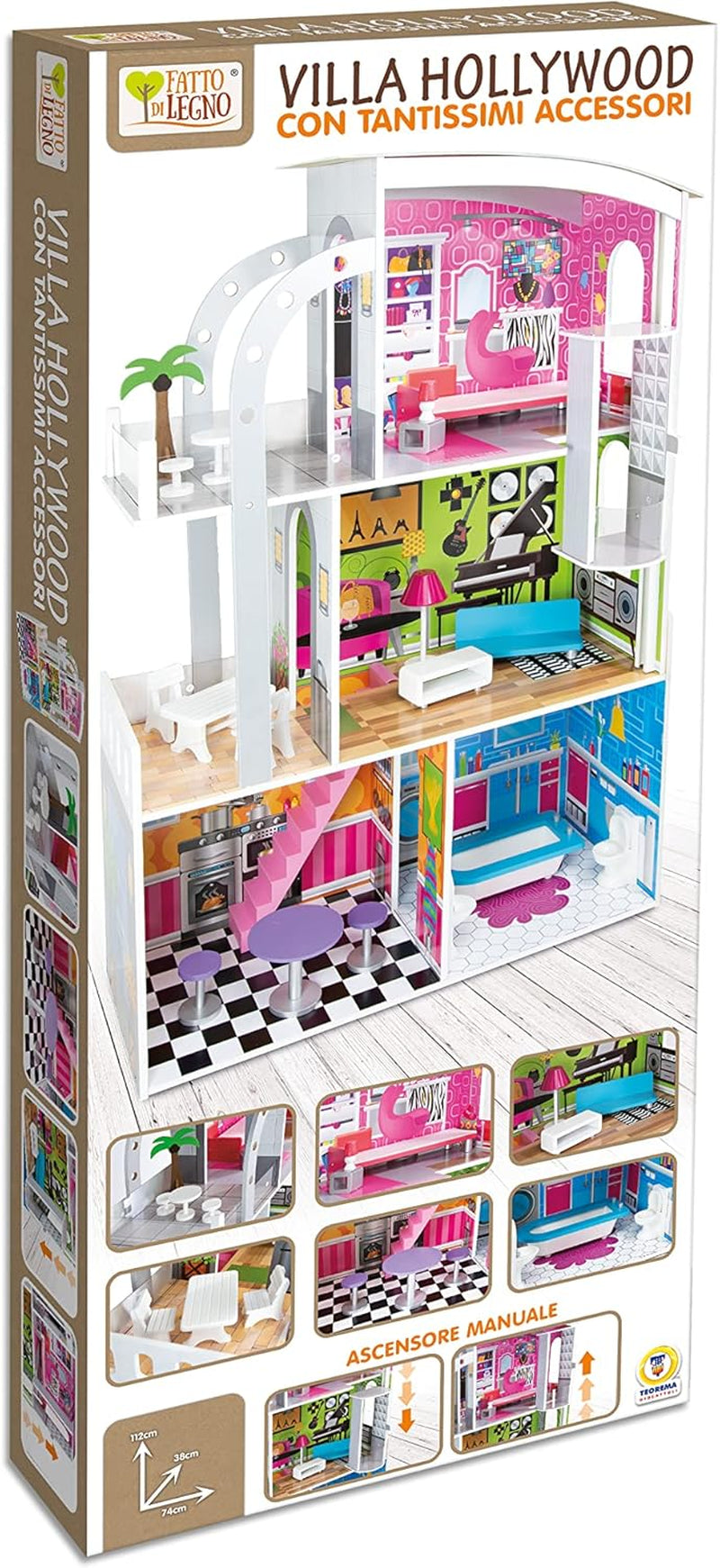 Teorema 40642 - Maison de poupée thème Hollywood, 4 pièces, Avec accessoires en bois, Levage manuel, Hauteur 110 cm Maisons de poupées Naty Shop