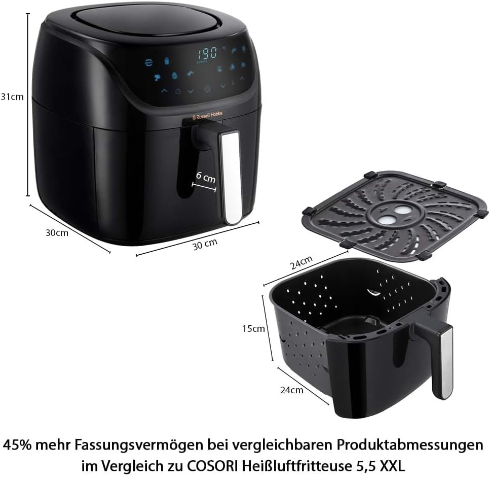 Russell Hobbs Heißluftfritteuse XXL 8L Rapid Airfryer [Kompaktes Gehäuse,7 Kochfunktionen,10 Programme] Satisfry (Spülmaschinenfest, Max 220°C, Fritteuse Ohne Oel, Grillen, Backen, Braten) 27170-56 Naty Shop
