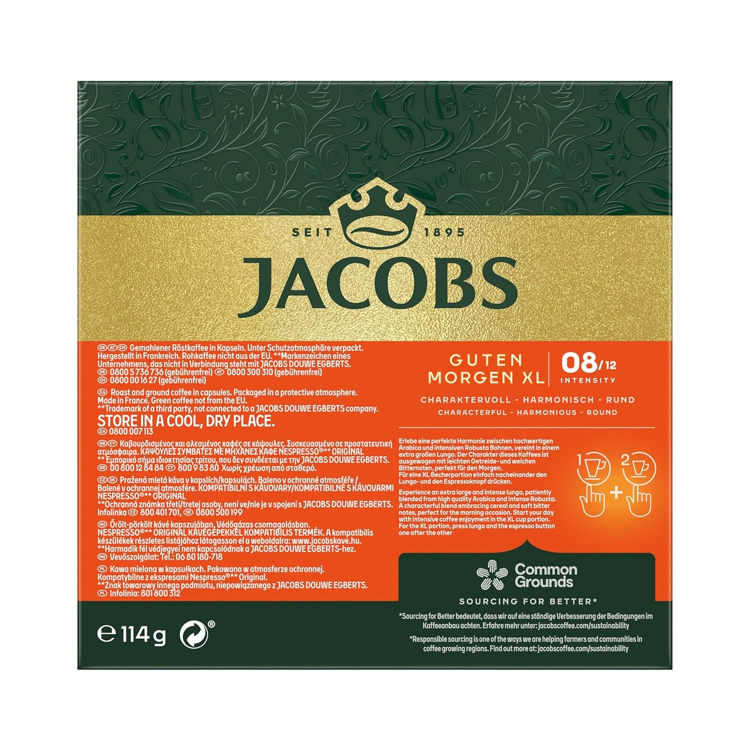 Jacobs Capsules de café Guten Morgen XL Intense, Intensité 8/12, 10 x 20 tasses, Capsules de café compatibles Nespresso*, 200 capsules