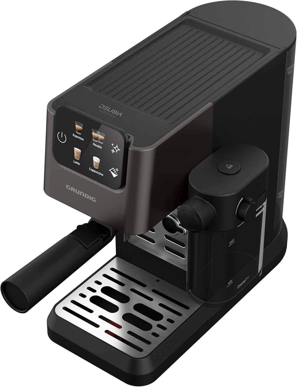 Espressor portafilter GRUNDIG KSM 5330 cu recipient de lapte integrat, putere 1628 W, presiune pompă 15 bar, duză dublă, afișaj tactil color, BrewSense, CreamyPro, Inox închis/Negru
